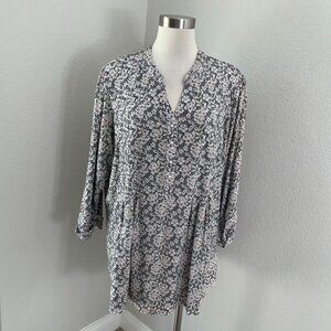 Roz & Ali Womens Plus 3X Lace Floral Print Tunic Top Stretch Roll Tab Sleeve